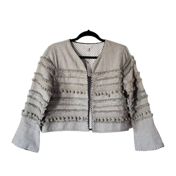 Harlyn Anthropologie Cropped Open Front Jacket Medium Annapolis Pom Pom NWT - Picture 4 of 16